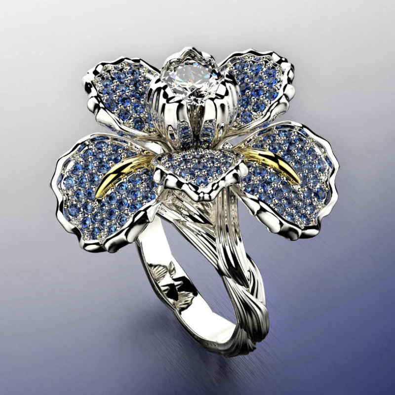 

Slightly studded zircon iris two-tone ring blue topaz flower engagement cocktail women's ring jewelry