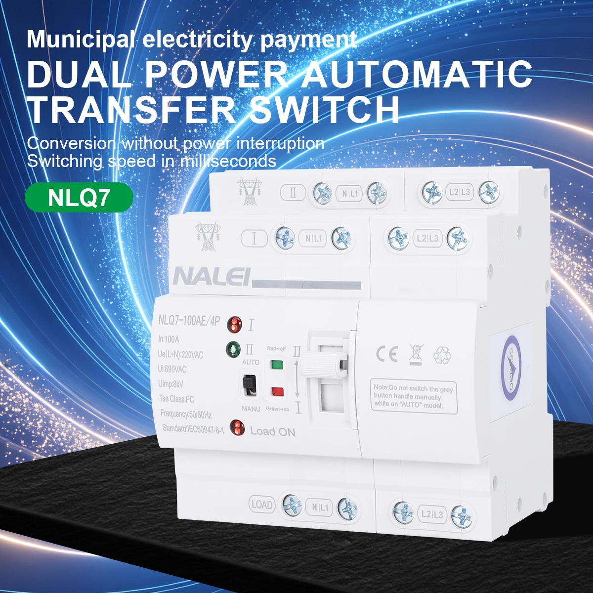Dual Power Automatic Transfer Switch 2P 4P 110V 220V Uninterrupted Power Changeover Rail Mounted Mains Power Selector Switch