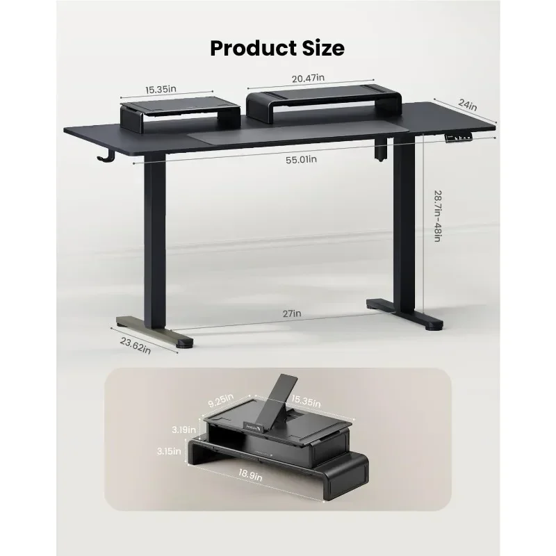 Desk with Dual Monitor Stand, Height Adjustable Desk with Storage, Electric Standing Desk with Laptop Stand