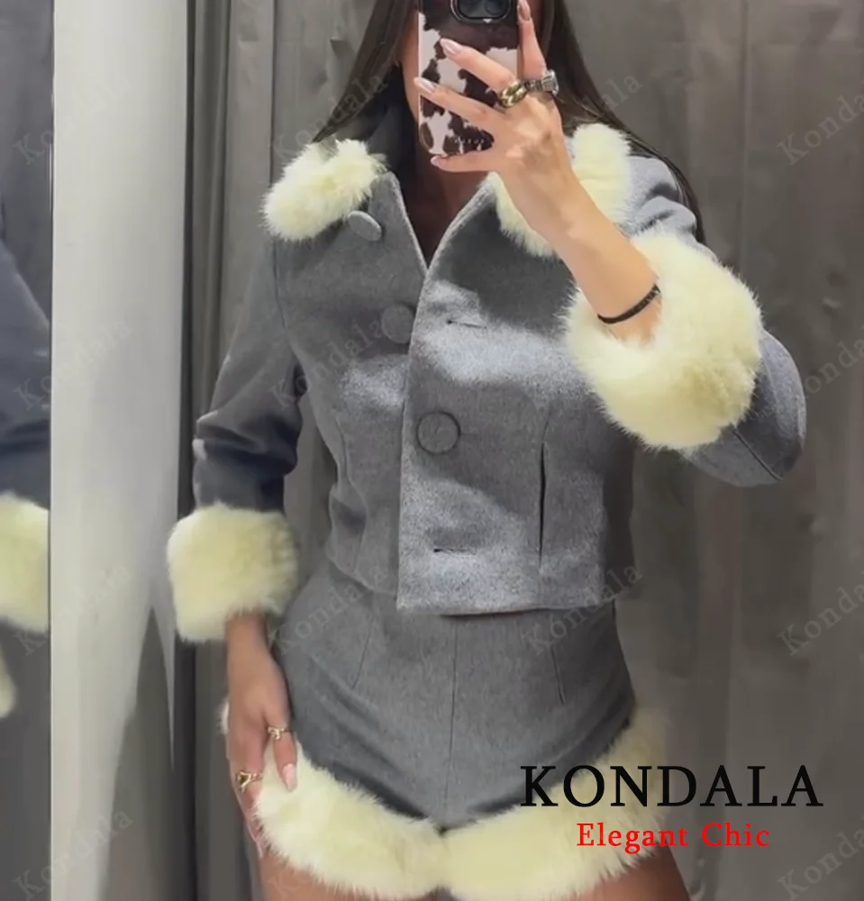 

KONDALA женский осенне-зимний элегантный костюм с юбкой, куртка из искусственного меха, шорты, модные элегантные милые теплые юбки 2025 года, комплект для женщин