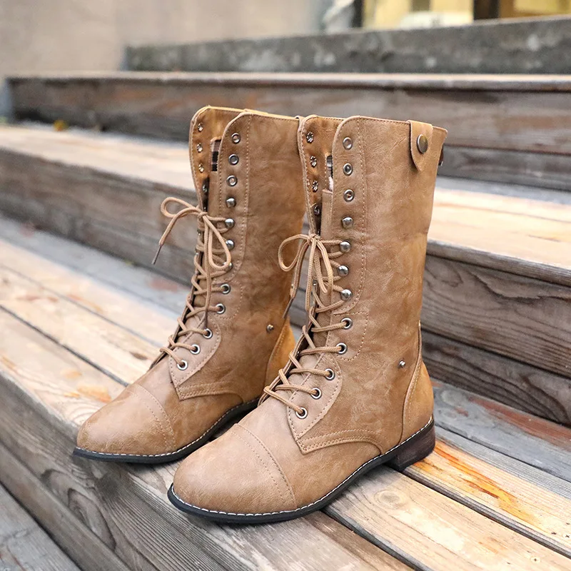 Mid-calf Boots Fashion Black Solid Color Retro Cowboy Western Lace Up Shoes Cosplay Accessories Stage Costume Props For Unisex