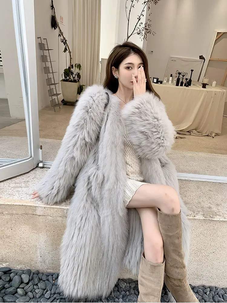 Feminine Long Faux Fur Coats Women's 2024 Winter New Long Sleeve Imitation Fox Fur Integrated Thickened Solid Color Fur Coats