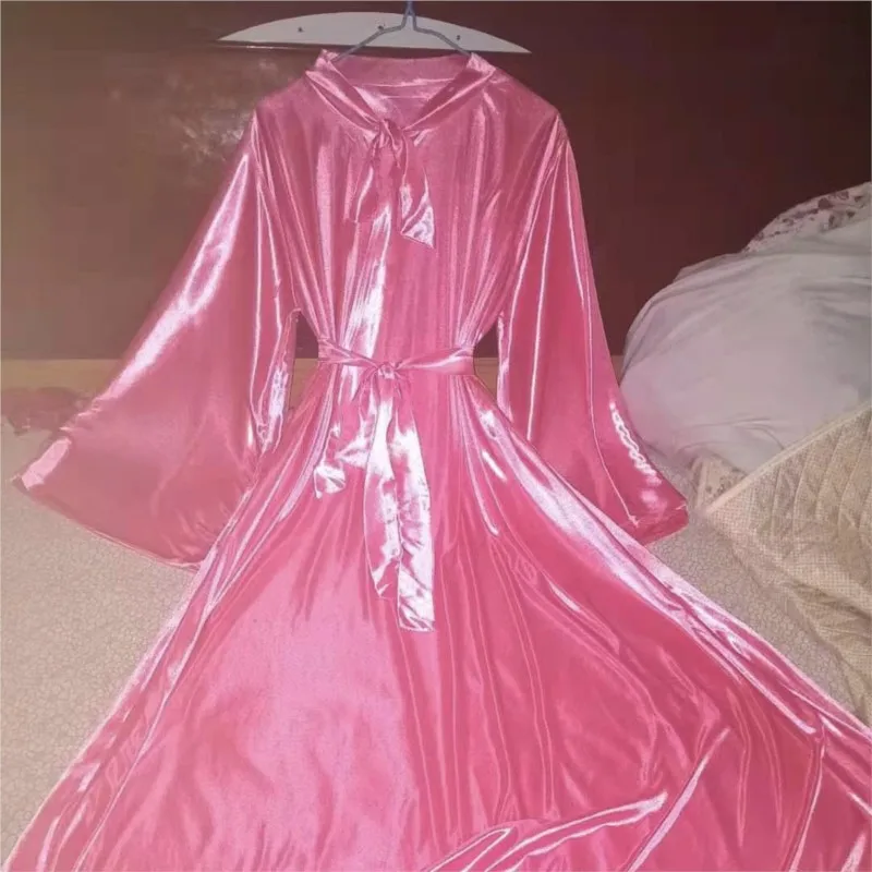 

Men Women Pink Silky Touch Glossy Sexy Women Satin Long Dress Loose Night Dress Plus Size Sleeping Robe