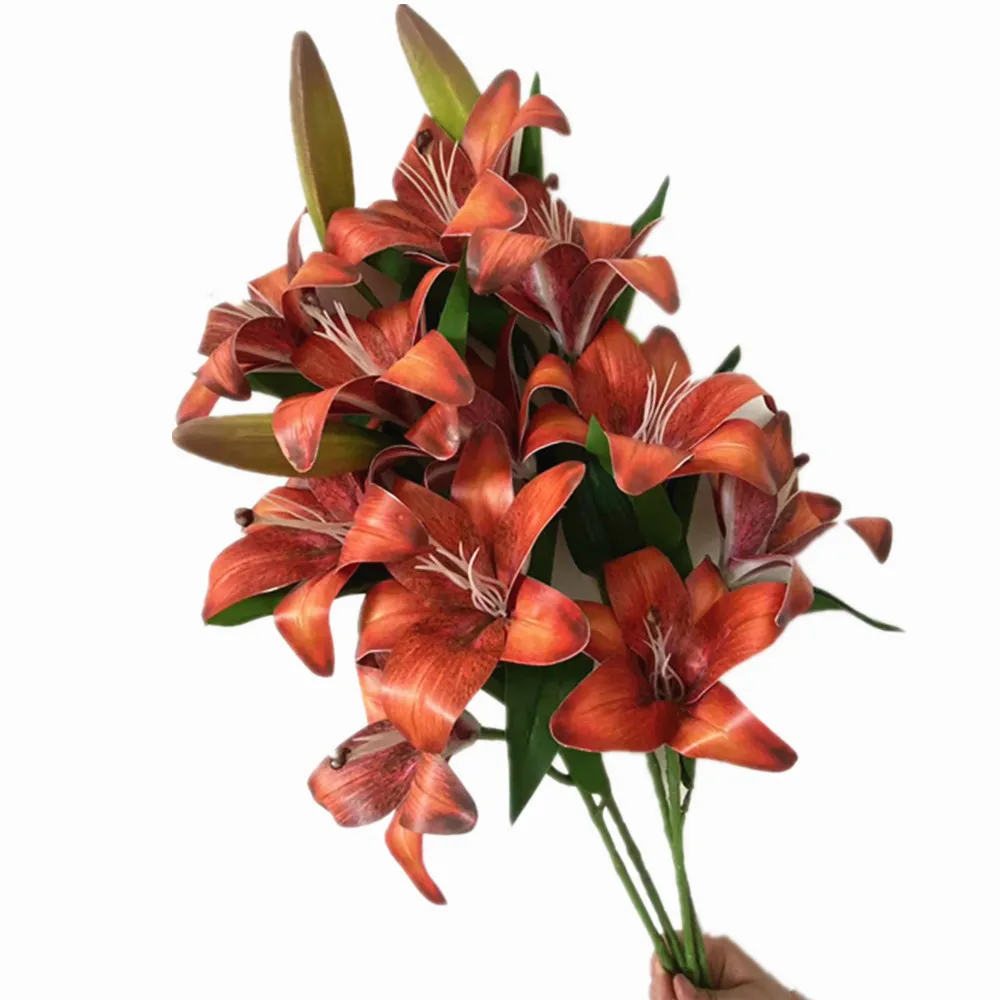 One Real Touch Autumn Color Lily Flower Stem 4 Heads PU Lilies for Wedding Centerpieces Floral Decoration