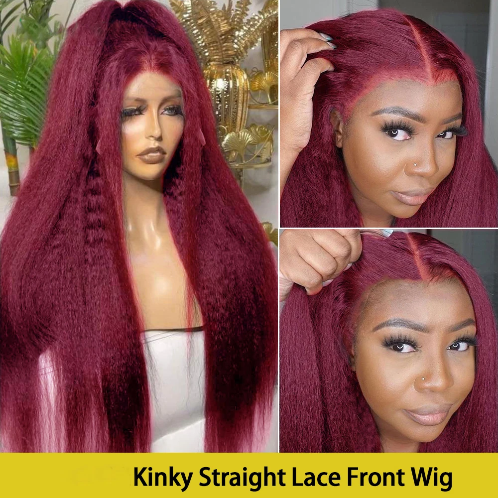 Preplucked Soft Burgundy Kinky Straight Yaki Lace Front Wig 99j 180% Density For Black Women With Babyhair Glueless Daily Wine