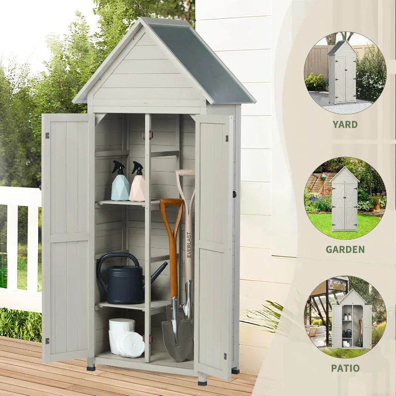 Outdoor Storage Shed with Floor & Adjustable Shelves, Wooden Garden Tool Cabinet Weatherproof, 71