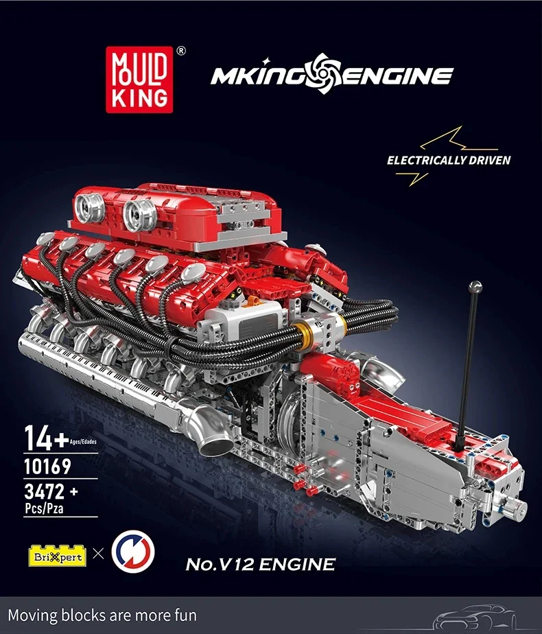 Molde rei 10169 v12 blocos de construção do motor montagem brinquedo motor elétrico unidade tijolos kit 12 cilindros modelo motor carro