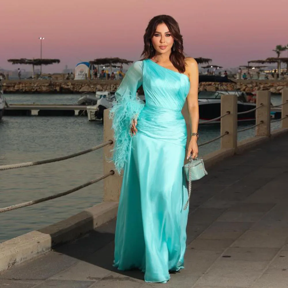 

Вечерние платья с одним перьевым рукавом по индивидуальному заказу, плиссированное платье русалки для свадебного гостя, длинное банкетное платье на одно плечо