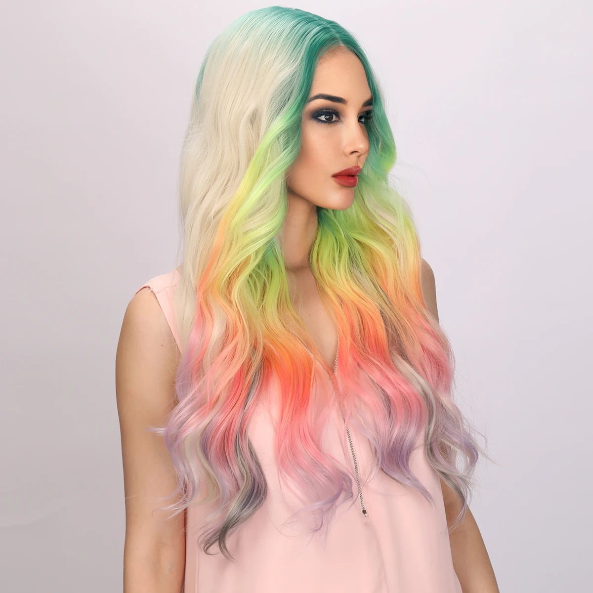 Smilco Omber Rainbow Colorful Middle Part Wavy Bob Wigs For Women Synthetic Curly Wig Cosplay Daily Party Heat Reisitant Hair