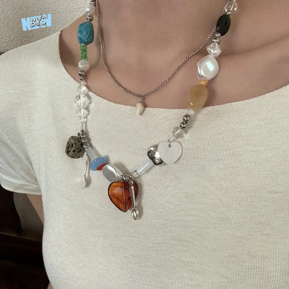 2 قطعة بسيطة طبقة مزدوجة على شكل قلب قلادة قلادة شوكة ملعقة غير النظامية حجر قلادة معدنية خمر سلسلة الترقوة يؤرخ