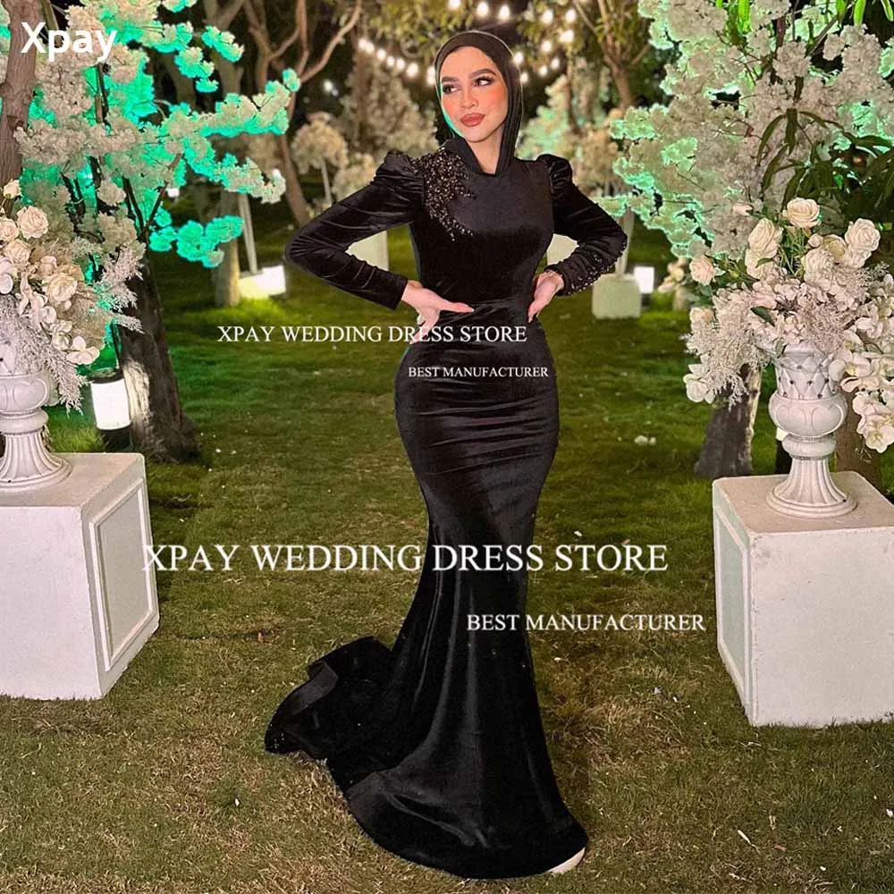 XPAY Luxury Black Velvet Mermaid Evening Dresses Beadings Dubai Arabic Women Muslim Long Sleeves Formal Celebrity Prom Gowns