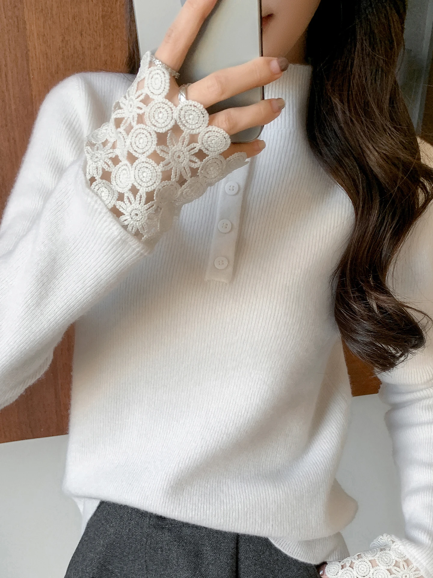

Ladies' Sle Lace Trim Sve Knitted Wool Sweater f High Collar Autumn Winter New Slimming Base irt Soft Casual Loose Fit