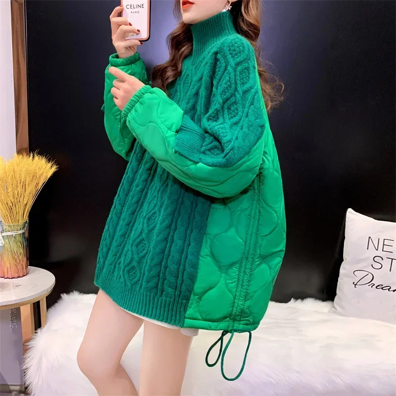 QNPQYX New Spliced Winter Pullovers Super Warm High-neck Mid-length Women's Sweater  New Loose Lazy Style Thick Top Coat