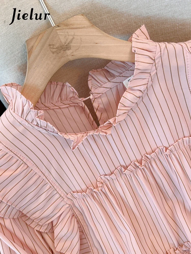 Jielur French Vintage Vertical Striped Loose Women Blouse Sweet Ladies Elegant Blouse Female Pink White Ruffles Collar New Top