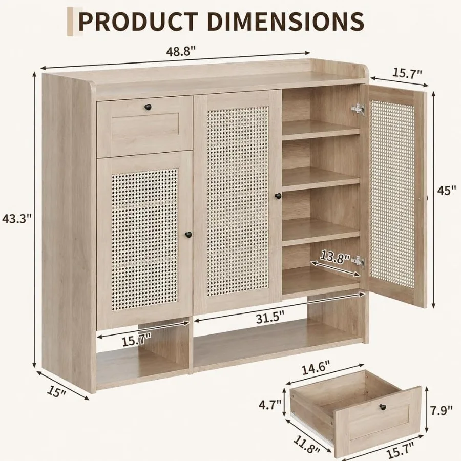 Rattan Shoe Cabinet with Drawer, 3 Doors and 5-Tier Storage