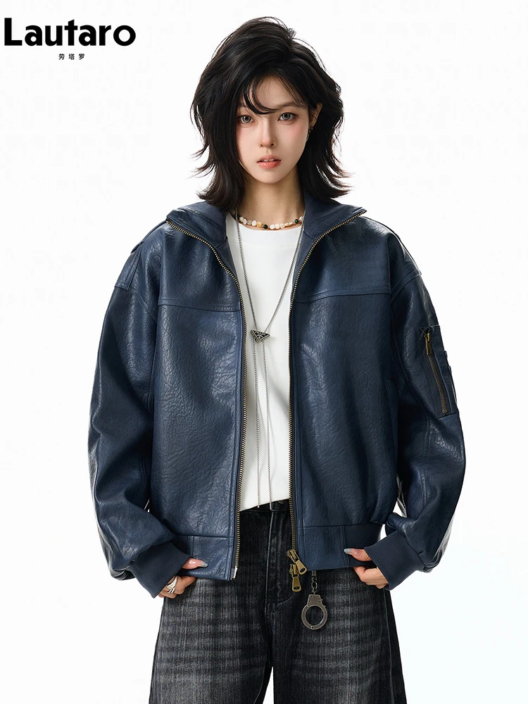 

Lautaro Spring Autumn Loose Dark Blue Pu Leather Jacket Women Loose Casual Unisex Clothes Women European American Fashion 2022