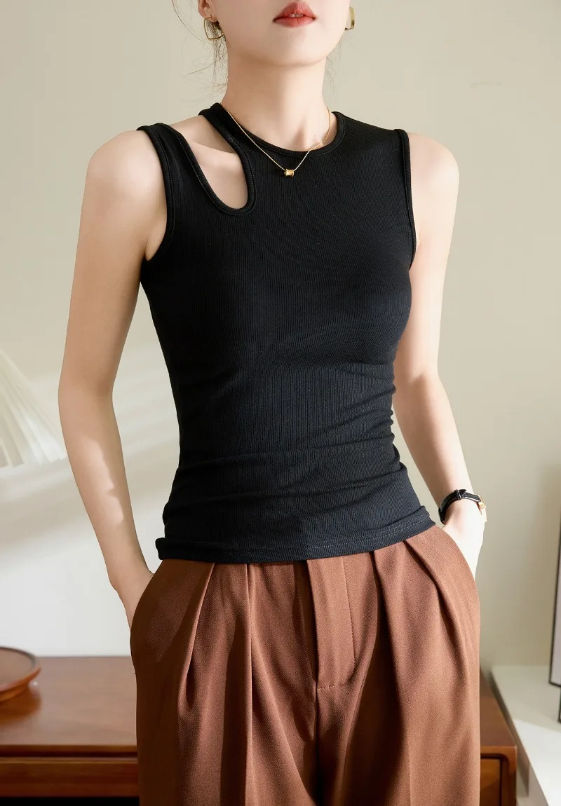 Chaleco de diseño irregular de algodón puro de verano adelgazante y versátil.