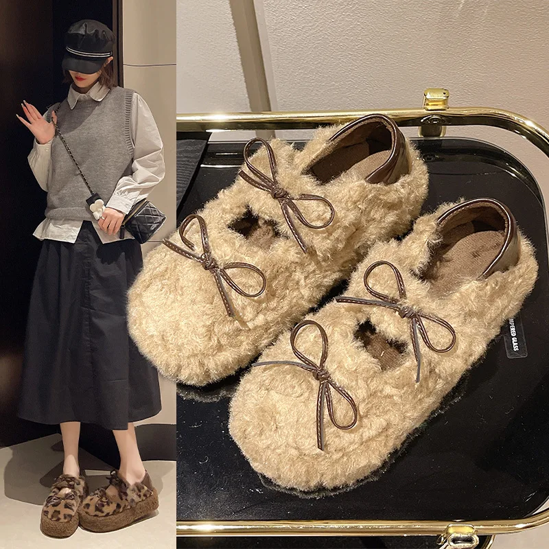 

Double Strap Bow Two-Way Slip-On Cotton ShoesFashionable Versatile Thick-Soled Outdoor Women's Furry Shoes for Autumn and Winter