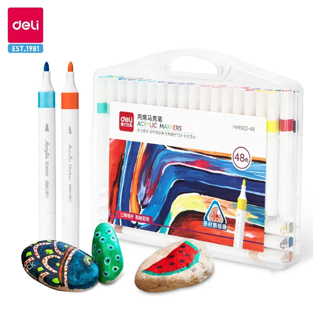 Deli 12/24/36/48 Colors Acrylic Markers Pen Rock Painting Kit for Kids Stone Paint Pen Set Ceramic Glass Wood DIY Art Supplies