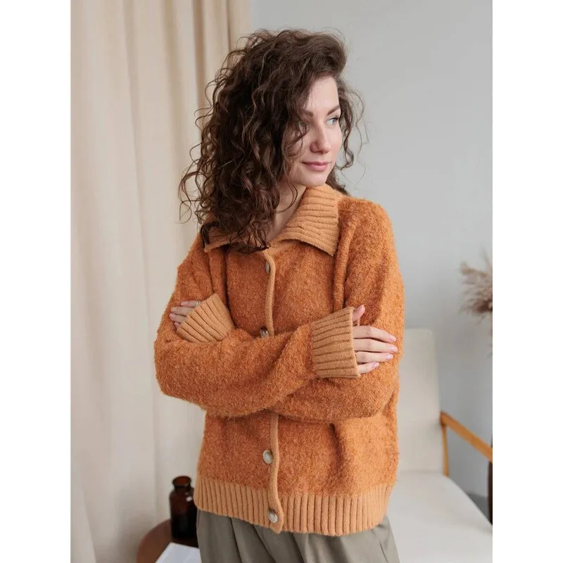 

New Orange Collared Loop Knitted Sweaters Women's Autumn Winter Loose Lazy Korean Style Cardigan