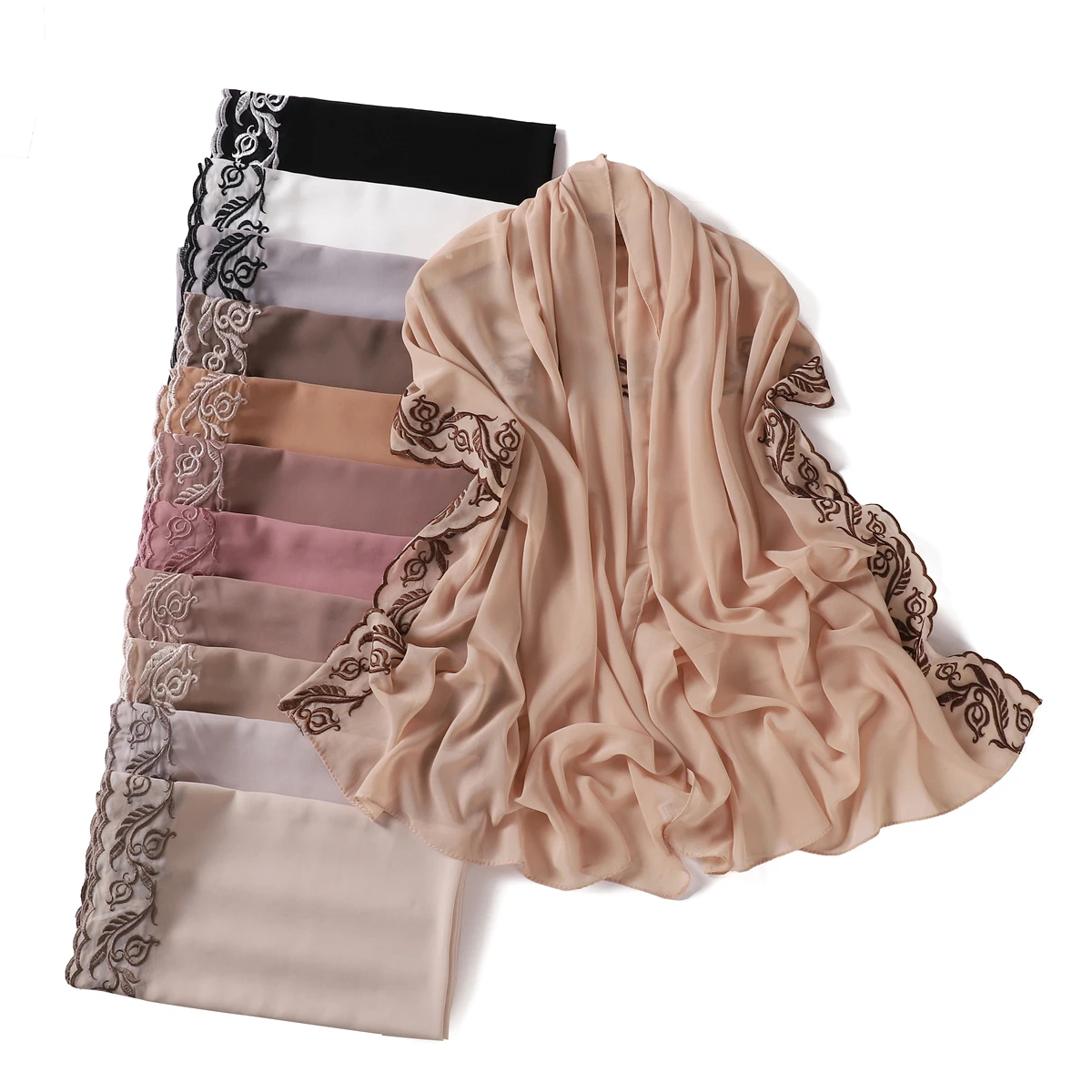 Écharpe Hijab en Mousseline de Soie Brodée Rose pour Femme, Châle Long de Qualité Supérieure, avec Bords en Dentelle Brodée