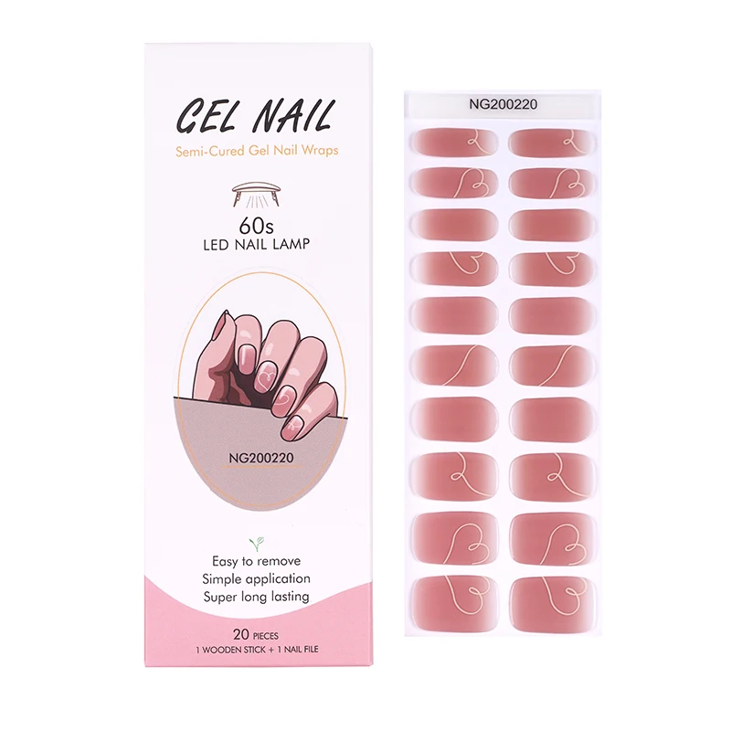 Francês Gel Unhas Patch Tiras, Impermeável, Longa Duração, Adesivos, Imprensa sobre Unhas, Necessidade de Lâmpada UV, Semi-Cuttable, 20 Dicas