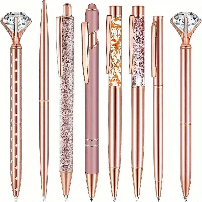 

8pcs Rose Golden Ballpoint Pen Set - Stylish Metal Pens with Crystal Accents - Perfect for Students, Office, Gifts, and Weddings