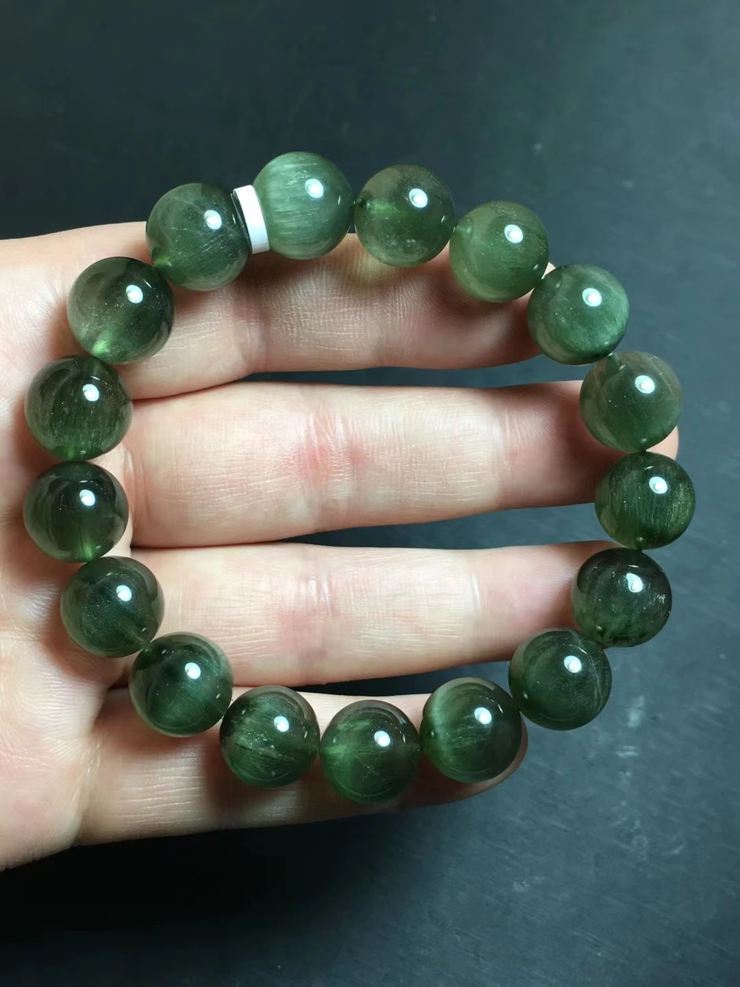 

Genuine Natural Green Rutilated Quartz Clear Round Beads Bracelet 12.3mm Women Men Cat Eye Wealthy Stone Genuine AAAAAA