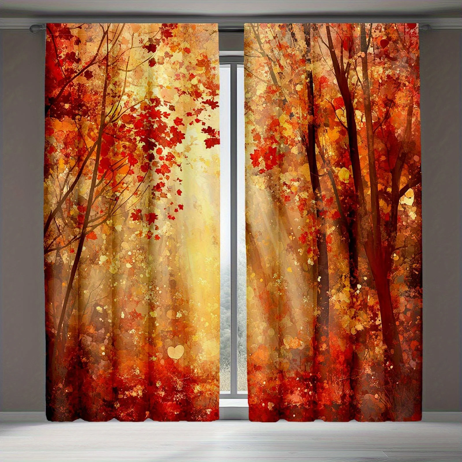 2pcs Sunset Forest Leaves Drapes, Autumn Trees and Maple Leaves Natural Landscape Curtains Decorative