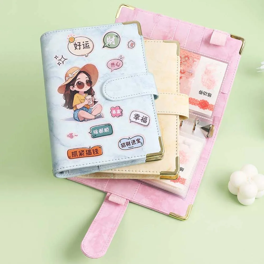 A6 Cash Budget Ledger Cartoon Stickers Ruler Loose-leaf Notebook Zippered Pockets Diary Notepad PU Leather Folder