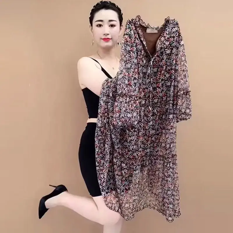 中年母 V ネックメッシュ花柄ドレス女性の気質ゆるいお腹と痩身ミッドスリーブ年齢軽減 A ラインスカート