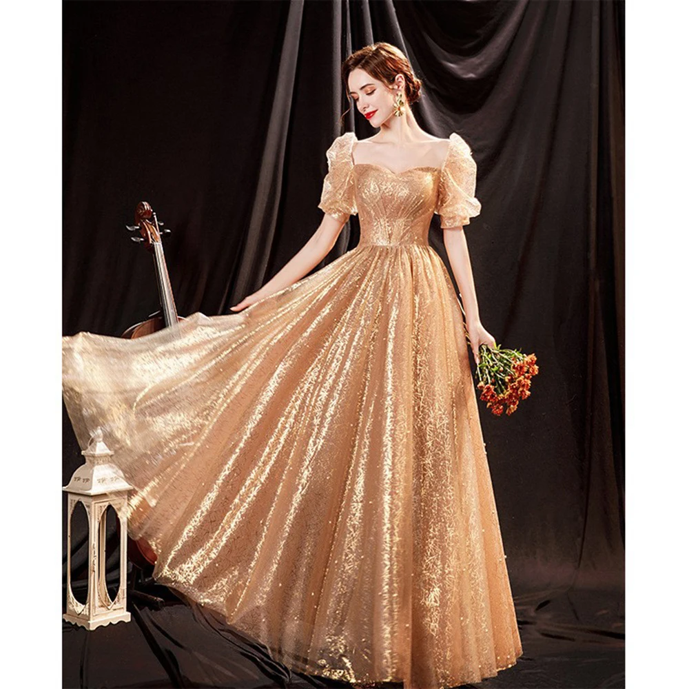 Light Luxury Golden Evening Dress For Women Elegant Shinning Square Collar Host Vestido Puff A-Line Stage Performance Gown