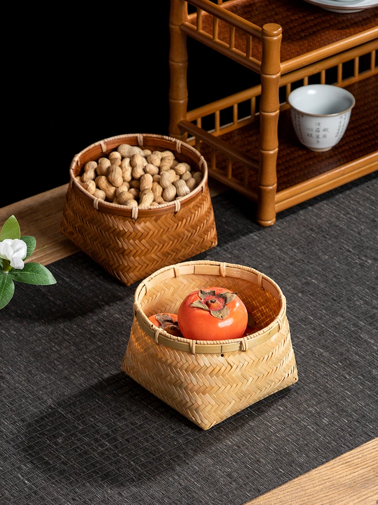 Natural Handmade Bamboo Weaving Basket, Square Bottom, Round Mouth, Snacks Household Storage