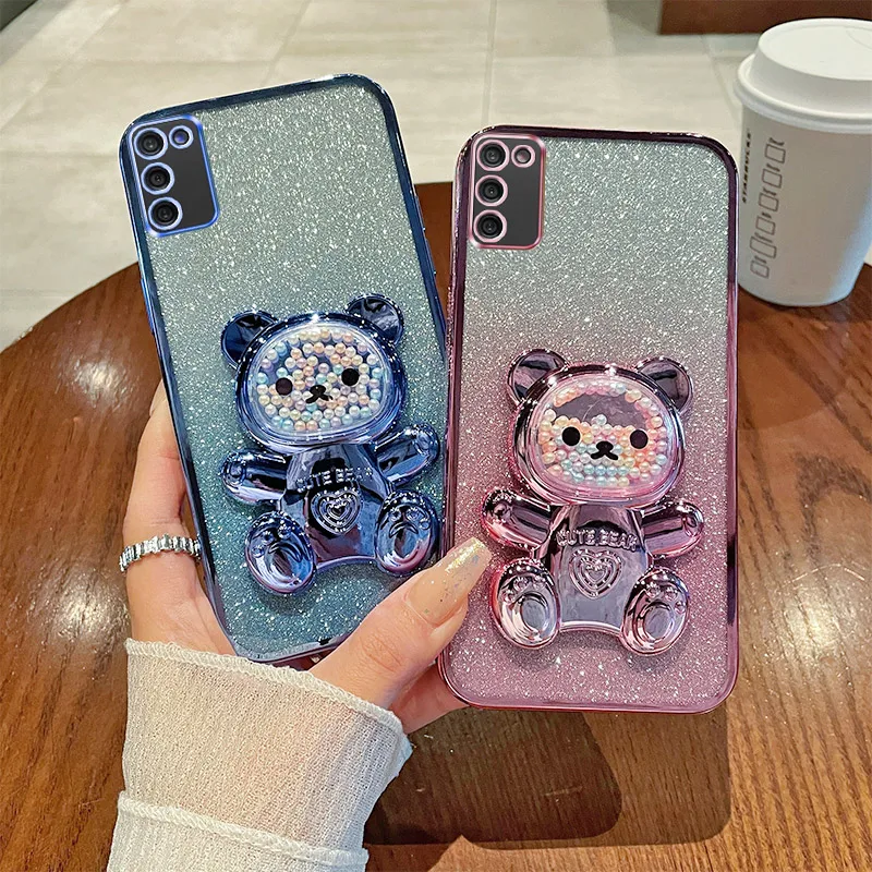 Luxury Gradient Glitter Plating Bear Holder Phone Case For Samsung Galaxy A02s A02 M02 A022 Silicone Back Cover 02s 02