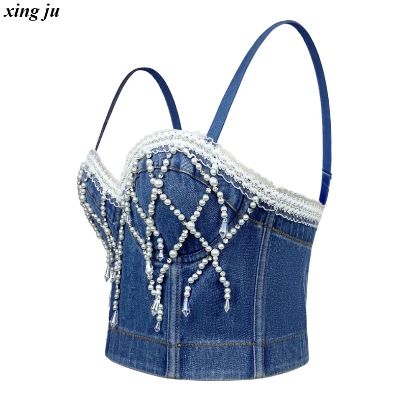 싱주 파티 핫걸 블루 데님 백리스 크롭탑 여성 재즈 댄스 의상 나이트클럽 DJ 섹시 레이스 비즈 체인 베스트 무대 의상