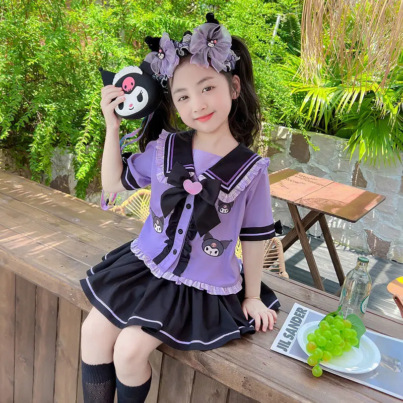 Meisjes Kuromi Jk Uniform Pak Kawaii Sanrioed Kids Shirt Met Korte Mouwen Geplooide Rok Tweedelige Set Zomer Mode Preppy Pak Cadeau