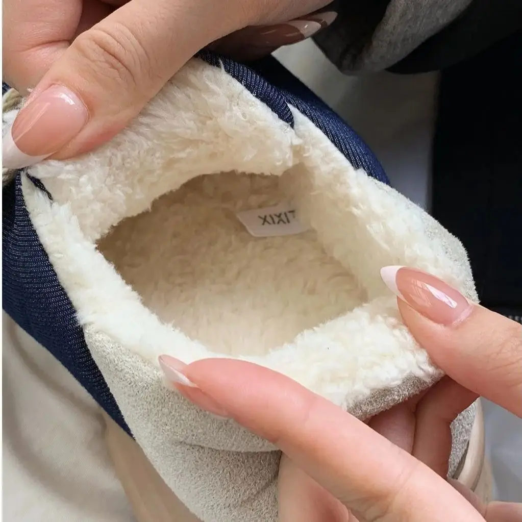 Warm Versatile Fleece-Lined Cotton Shoes Women Students Outdoor Slip-Resistant Thick-Sole Color-Block Lace-Up Sneakers Soft