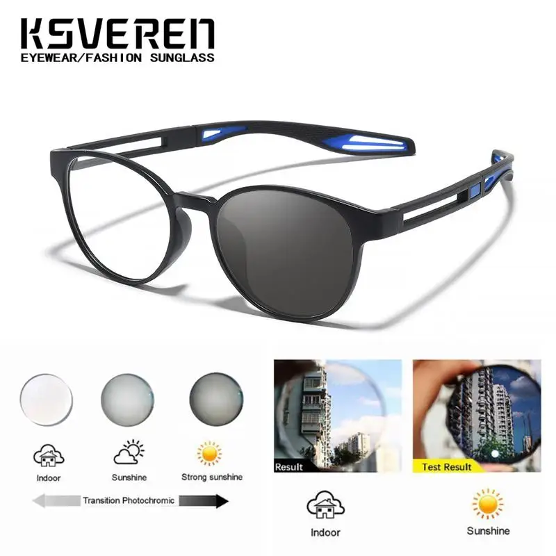 TR90 라운드 광변색 근시 안경 남성 여성 처방 근시 안경 야외 변색 운전 안경 -0.5 ~ -6.0