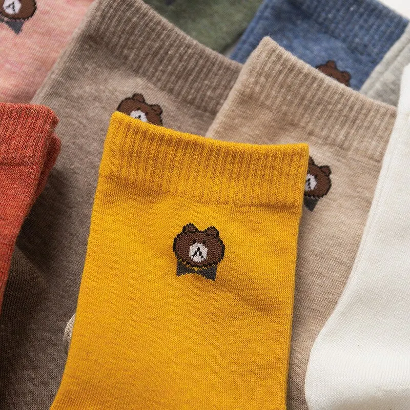 5 Pairs Women\'s Little Bear Socks Mid Length Socks Ins Trendy Cute Solid Color Four Seasons Casual Socks