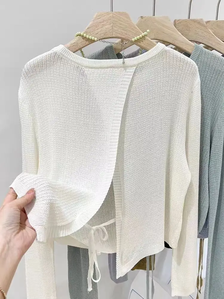 

Асимметричные уютные кардиганы для женщин, нежные однотонные солнцезащитные кремы на шнуровке, вязаные с разрезом, мягкие дышащие офисные женские укороченные офисные женские туфли в корейском стиле