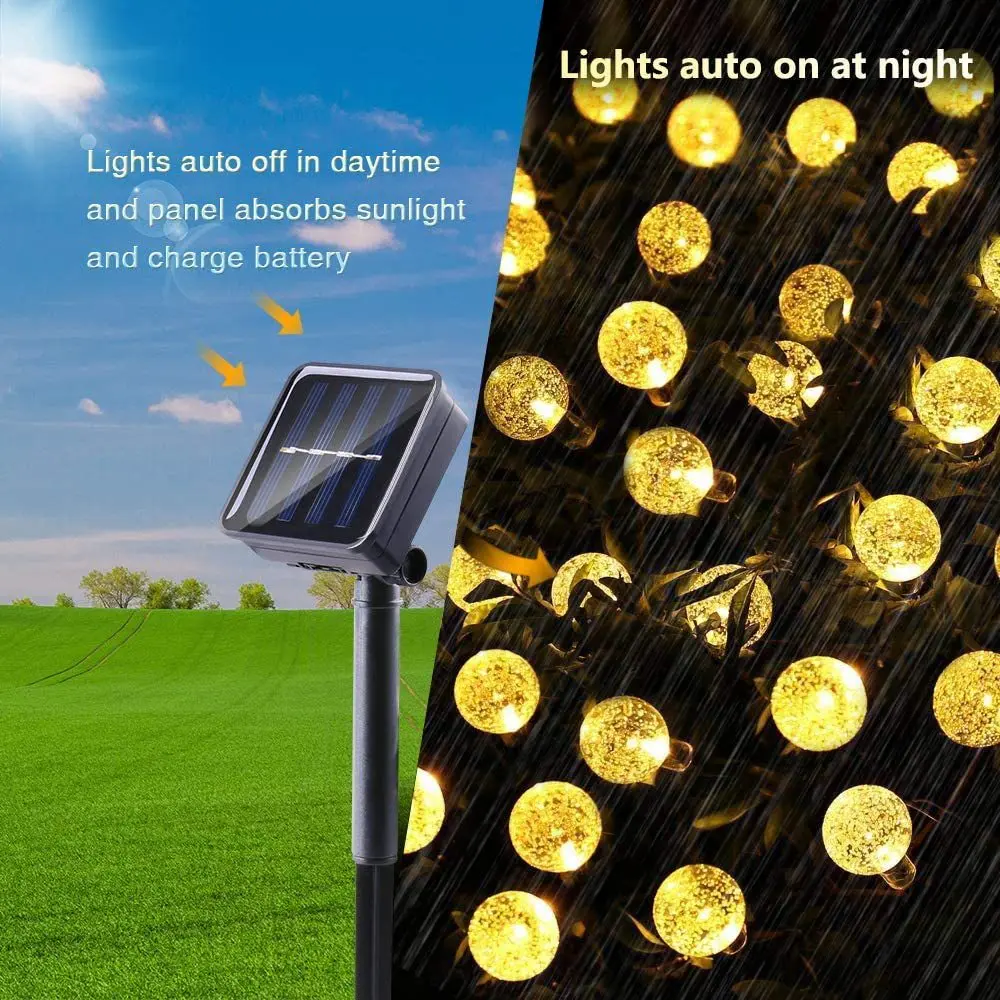 Cadena de luz Solar para exteriores, lámpara de decoración parpadeante alimentada por energía Solar, impermeable, bola de cristal/Estrella, 8 modos,