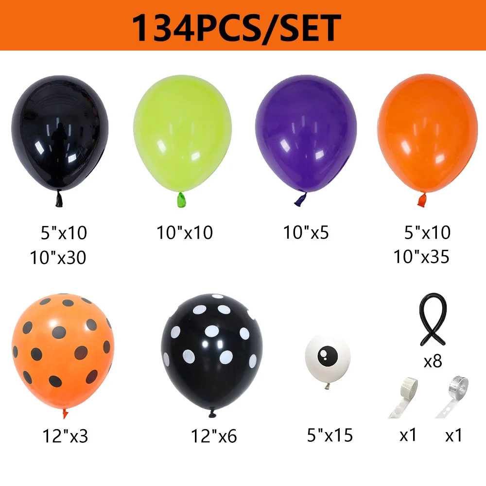 134Pcs Halloween Garland Arch Kit Black Purple Orange Green Spiders Eyes Latex Balloon Set Halloween Party Decorations