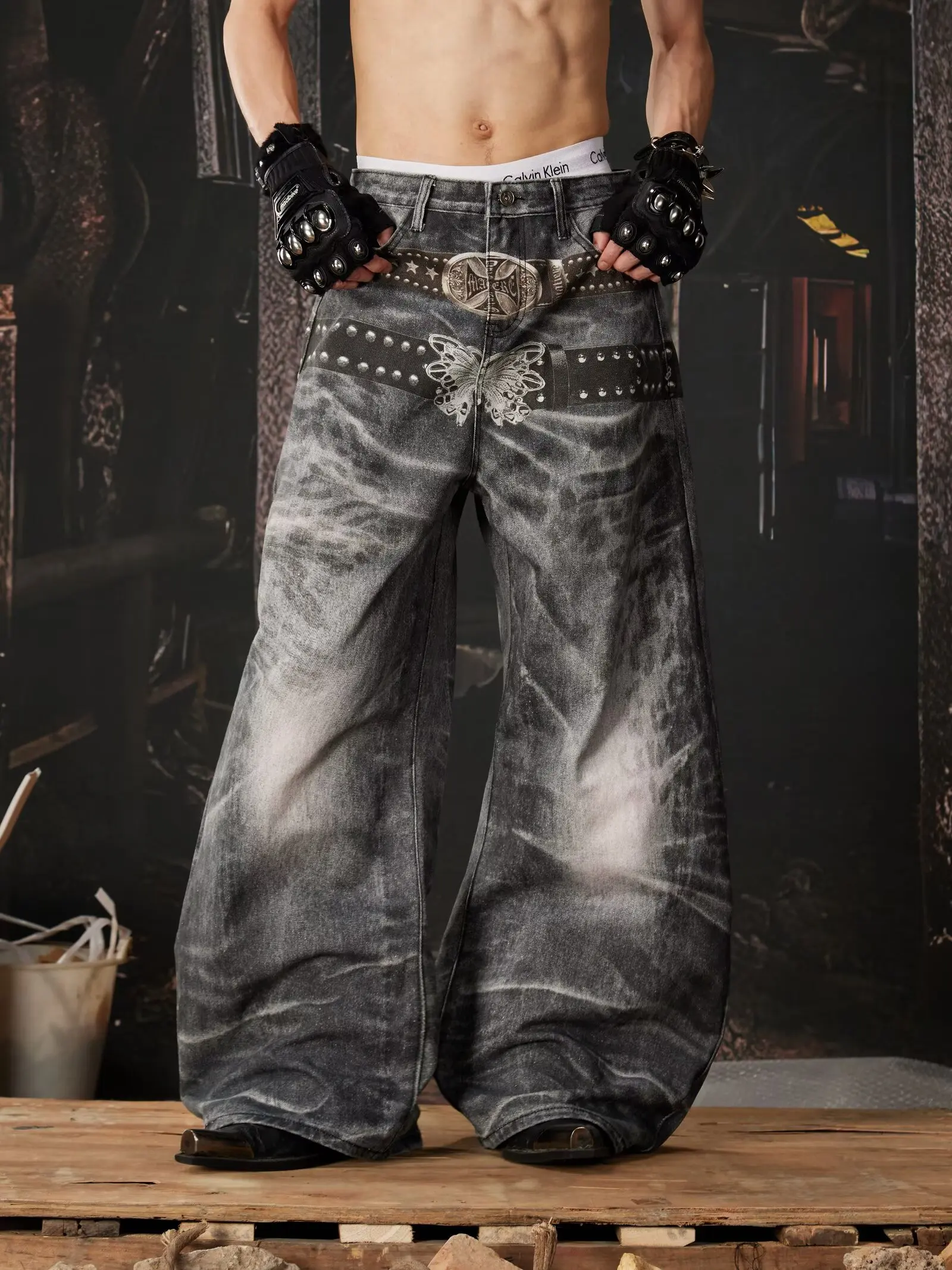American Vintage Hip-hop High Waist Print Jeans Pants men's Casual Baggy Y2K Wide Leg Grunge Streetwear Style Denim Trouser