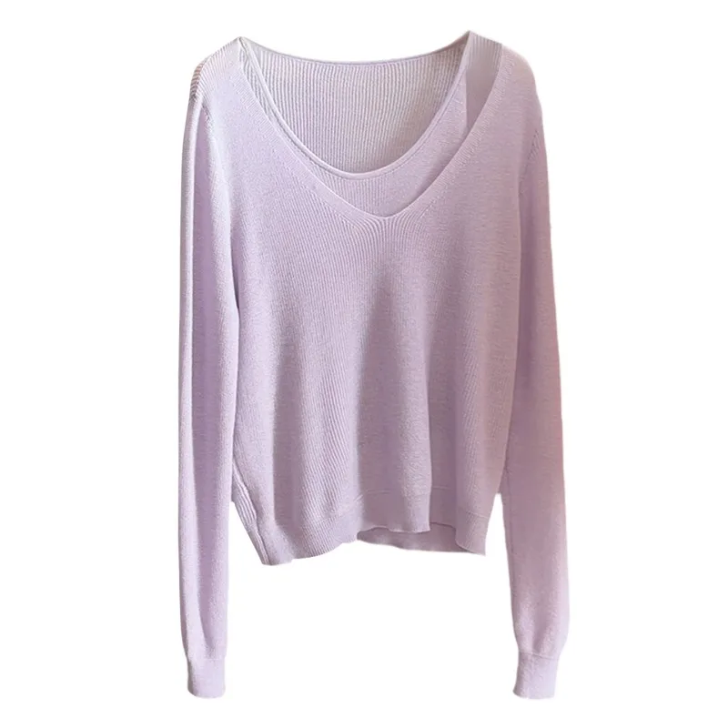 

Spring Autumn Fake Two Piece Women Knitwear Round Neck Long Sleeve Loose Casual Solid Knitted Sweaters Women Clothing