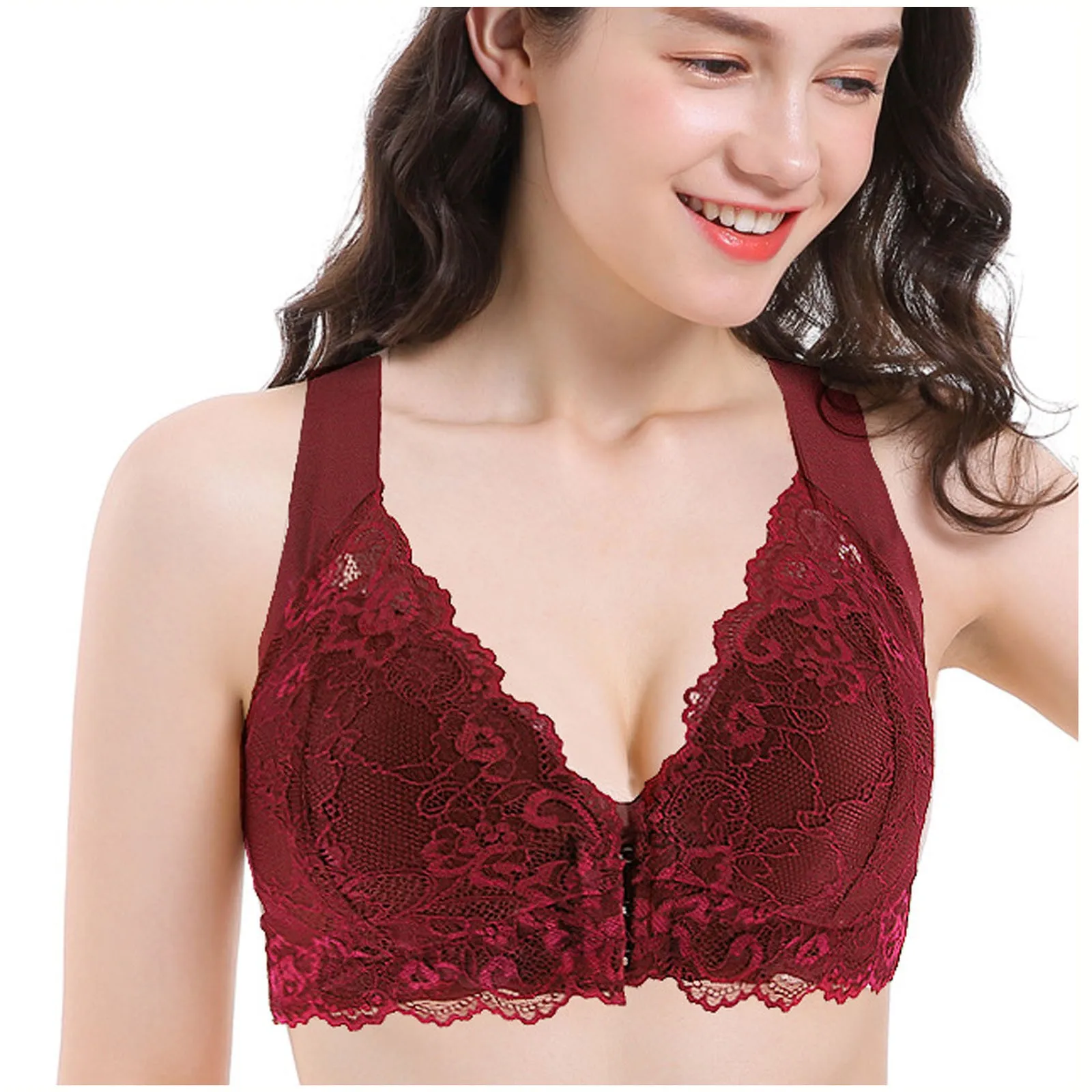 Sexy Deep V Neck Lace Flower Bra Extra-Elastic Breathable Women's Front Closure Underwear Seamless Gathering Lingerie Brassiere