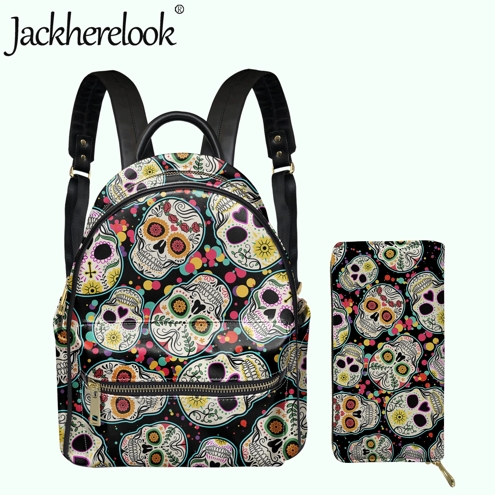 

Jackherelook Colorful Sugar Skull Pattern School Bags for Women 2022 PU Leather Backpack with Wallet Ladies Casual Satchel Bags