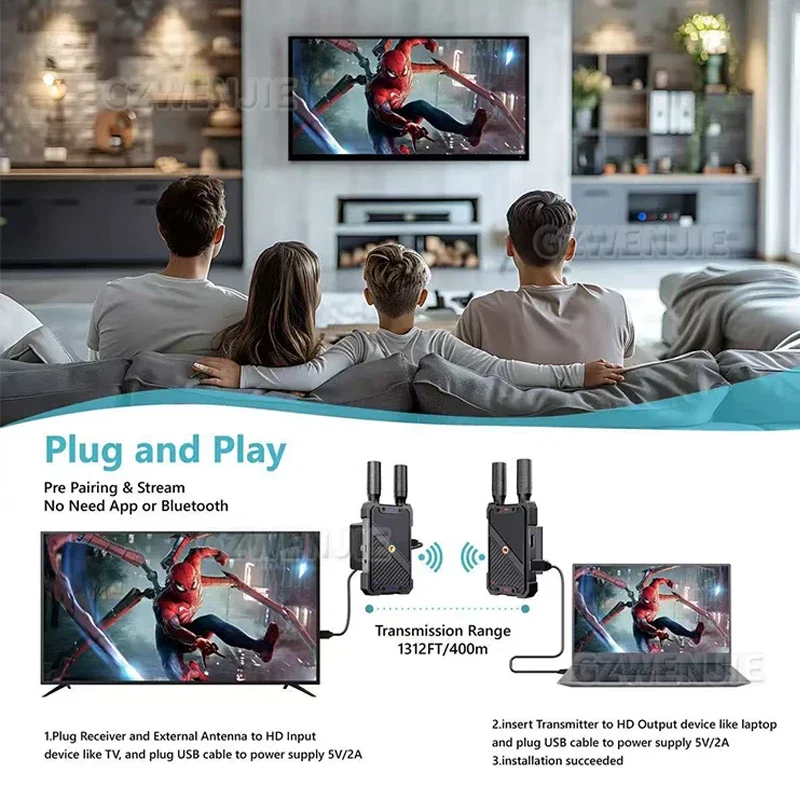 400m 5G 4K Wireless Transmission System Video Transmitter and Receiver HDMI Extender Support Battery /PC/ Camera Live Streaming