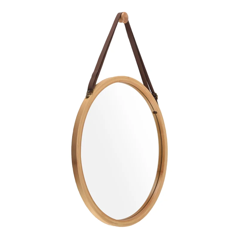 

ABIY Hanging Round Wall Mirror In Bathroom & Bedroom - Solid Bamboo Frame & Adjustable Leather Strap