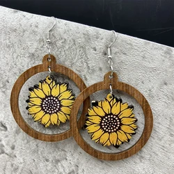 Bohemian Vintage Wooden Printed Sunflower Dangle Earrings for Women Ethnic Long Hollow Round Water Drop Earring Pendiente Mujer