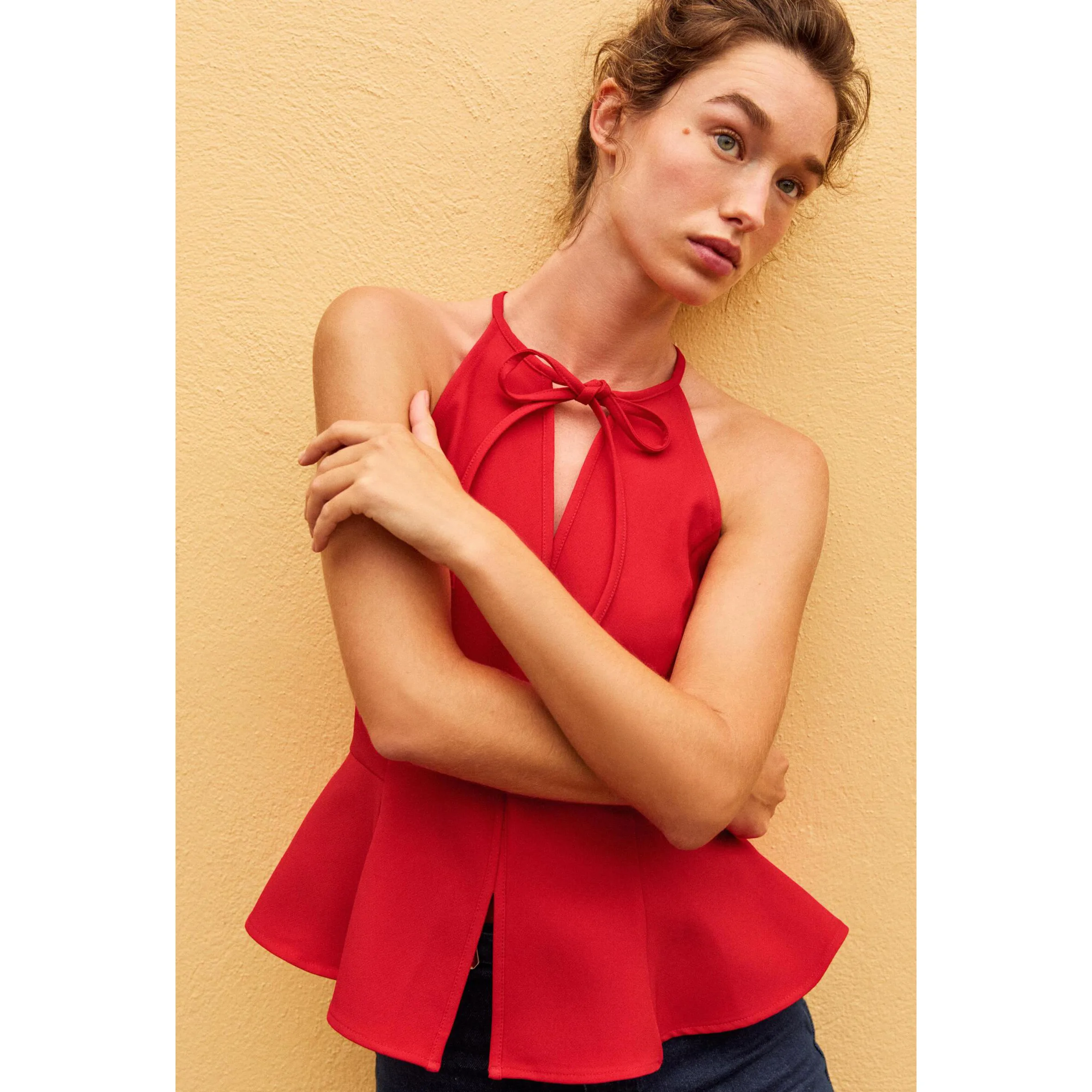 Fashionable Women's Top with Bow Knot Neck Design And Hemline Short Curvy Vest Style Polyester Fabric Summer Season Outerwear